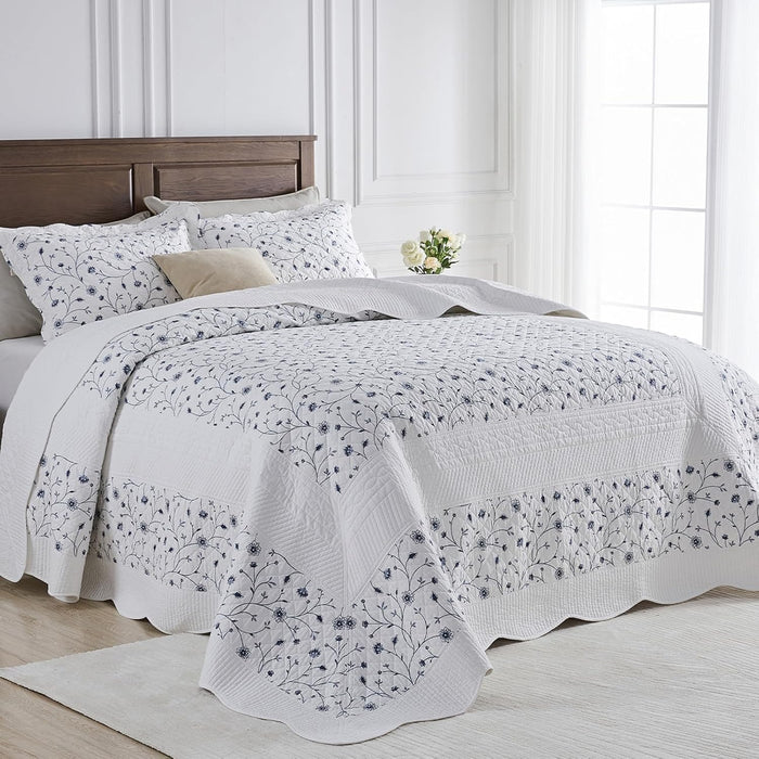 100% Cotton Oversized Quilt 120"x120", Extra Large King Bedspread, Farmhouse Botanical Bed Spreads Coverlet, Lightweight Quilted Bedding Cover, 3 Piece, Grayish Blue/Beige