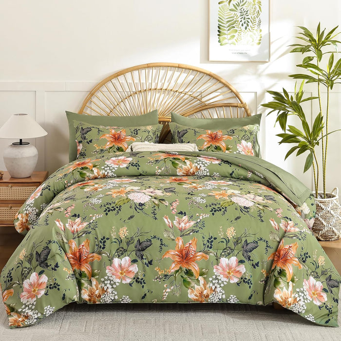 Drucon Comforter Set King Size, 7 Pieces Sage Green Floral Comforter Sets, Reversible Botanical Bed in a Bag Soft Lightweight Microfiber Bedding Sets for All Seasons (90"x104")