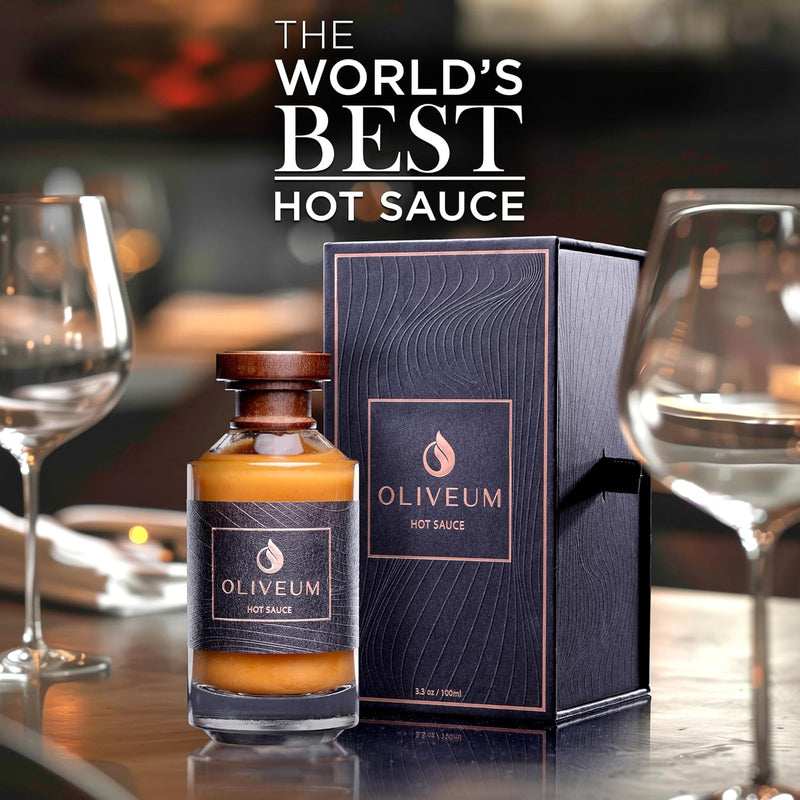 Oliveum Hot Sauce - Gourmet Medium Spice Organic Habanero Peppers. Unique Spicy Salsa Flavor For BBQ, Mexican, Asian, Steak, Chili, Tacos, Buffalo, Wings, Pizza. Experience Fancy Luxury Craft Hand Made Small Batch Best and Hottest Gift Idea For Men in a B