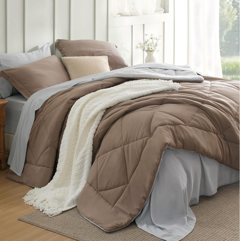 Bedsure Queen Comforter Set - 7 Pieces Reversible Grey Bedding, Queen Size Bed Set for All Seasons, Bed in a Bag with Down Alternative Comforter, Sheets, Pillowcases & Shams