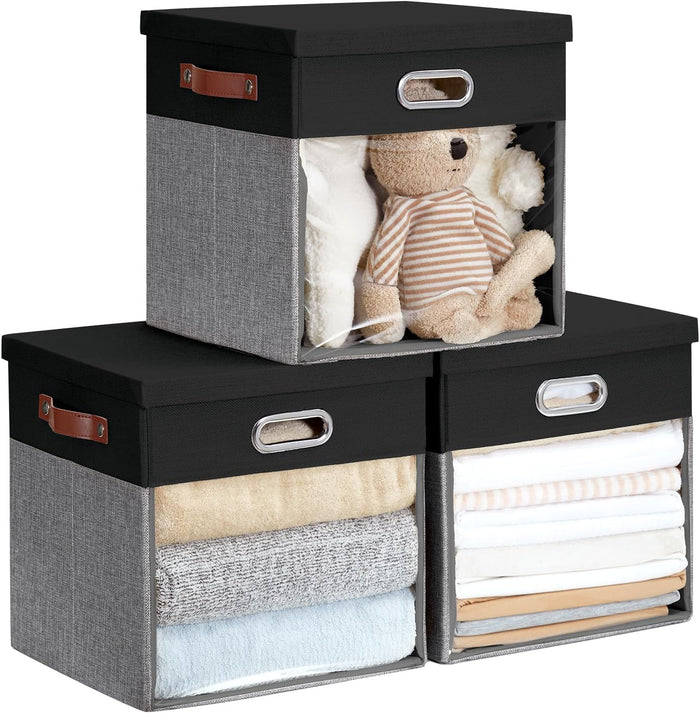 Fabric Storage Cubes with Clear Windows and Lids, 11'' Foldable Storage Bins with 3 Handles, Decorative Storage Boxes for Home, Bedroom, Closet, Office (Gray & White)