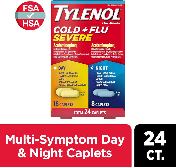 Tylenol Cold + Flu Severe Day & Night Caplets for Fever, Pain, Cough & Congestion Relief, 24 Count