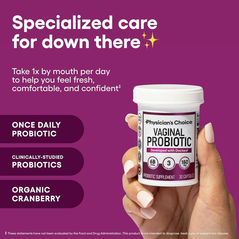 Physician's CHOICE Vaginal Probiotics for Women - Moisture, pH Balance, Odor Control, Yeast Balance, Vaginal Flora, Feminine Health - 6B CFU with Organic Prebiotics and Cranberry Extract - 30 CT