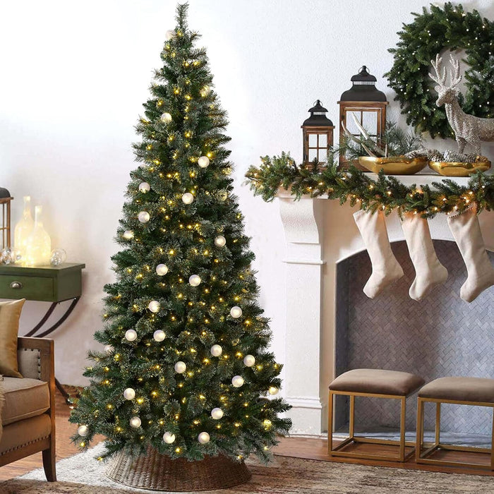 24" Mini Christmas Trees with Flocked Pine Needles, Pine Cones, Berries Decoration, 2 Ft Decorated Burlap Trees with 25 Led Lights, Kitchen Tabletop Artificial Pre Lit Christmas Tree