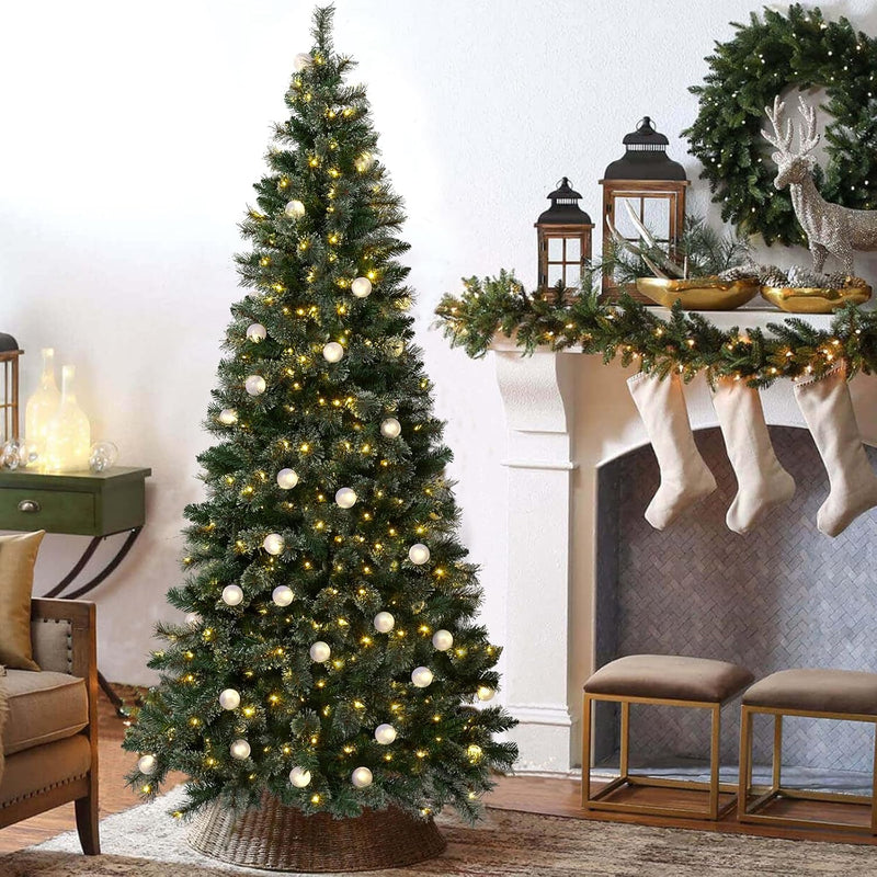 24" Mini Christmas Trees with Flocked Pine Needles, Pine Cones, Berries Decoration, 2 Ft Decorated Burlap Trees with 25 Led Lights, Kitchen Tabletop Artificial Pre Lit Christmas Tree