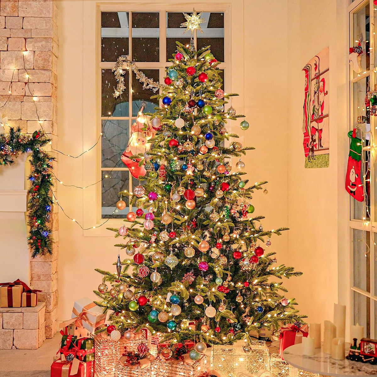 Hykolity 7.5 ft Prelit Christmas Tree, Artificial Christmas Tree with 450 Warm White LED Lights, 1173 PE&PVC Branch Tips, Metal Stand and Hinged Branches