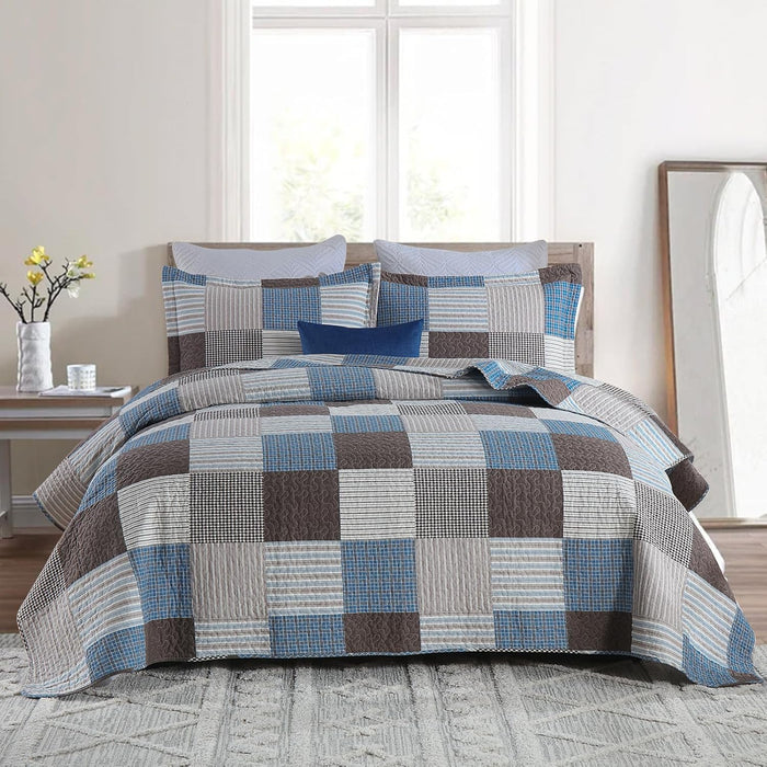PANGUSHAN 100% Cotton Quilt Set King Size,Patchwork Plaid Bedding Bedspreads,Farmhouse Lightweight Comforter Reversible Quilt,White/Gray/Grey/Tan/Black/Cream Bed Spread King,3 Pieces