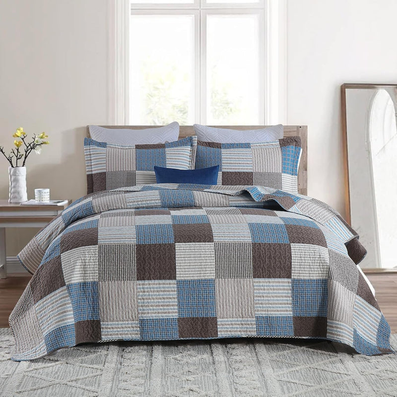 PANGUSHAN 100% Cotton Quilt Set King Size,Patchwork Plaid Bedding Bedspreads,Farmhouse Lightweight Comforter Reversible Quilt,White/Gray/Grey/Tan/Black/Cream Bed Spread King,3 Pieces