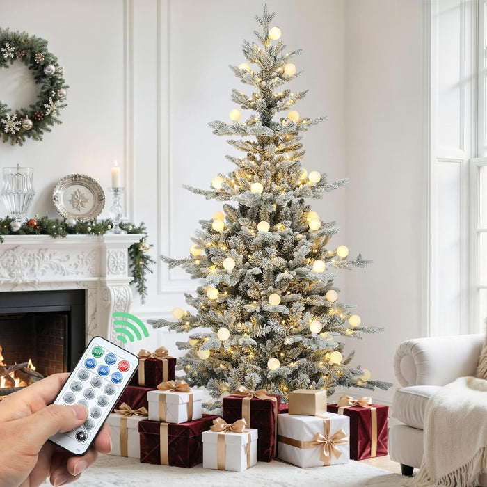 YITAHOME 7.5FT Prelit Slim Fraser Grande Christmas Tree with Remote Control, Artificial Hinged Drooping Pencil Prelit Holiday Christmas Tree w/ 2199 Mixed PE & PVC Tips, 400 Lights & 11 Light Modes