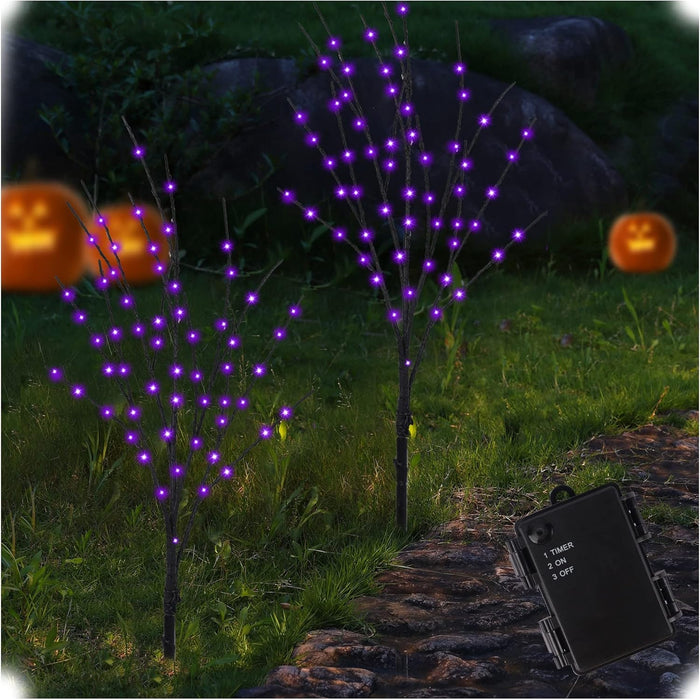 Lighted Halloween Tree Branches, 30IN 100LED Artificial Black Twig Branch with Purple&Orange Fairy Lights, Built-in Timer & Battery Operated, Waterproof for Outdoor Pathway Lawn Garden Decorations