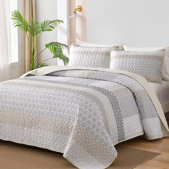WONGS BEDDING Grey Quilt Queen Size, Bohemian Stripe Quilt Sets 3 Pieces Gray Boho Quilted Bedspread Set Lightweight Microfiber Coverlet Bedding Set All Season (96"x90")