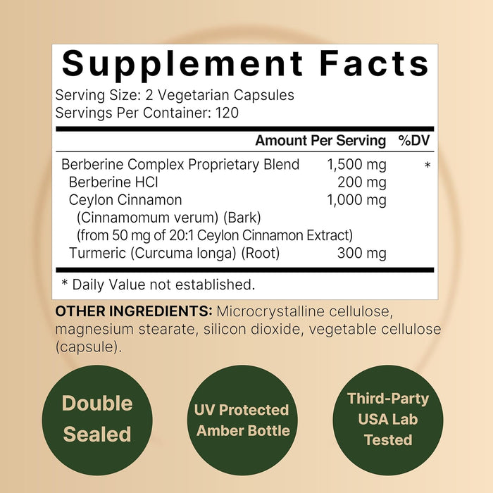 Berberine Supplement 1500mg with 1000mg Ceylon Cinnamon & 300mg Turmeric, 480 Veggie Capsules | 97% Pure Berberine HCL | Supports Balanced Sugar Levels & Heart Health | Vegan, Non-GMO