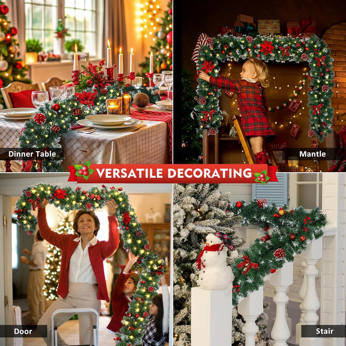 DOIOWN Christmas Garland with Lights,9Ft Prelit Christmas Garland for Mantle,100 LED Christmas Decorations Garland with Berries,Bows,Pine Cones,Flowers for Stairs Indoor Outdoor Decor Battery Operated