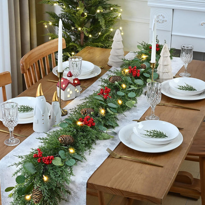 Waipfaru Christmas Decorations, 5.9FT Christmas Garland with Lights, Prelit Lighted Christmas Greenery Cedar Garland Cypress for Home Table Mantel Stair Railing Indoor Outdoor Xmas Decor