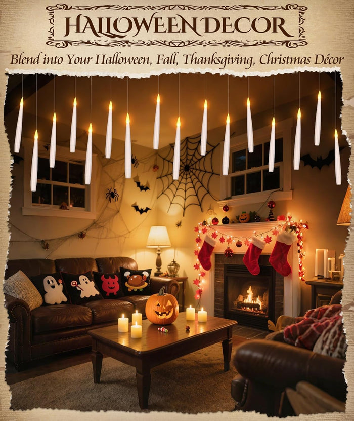 Halloween Decorations Floating Candles with Wand: 20Pcs Flameless Floating Candles with LED Warm Lights Battery Operated Magic Candle for Birthday Gifts Halloween Party Decorations Indoor Home Decor