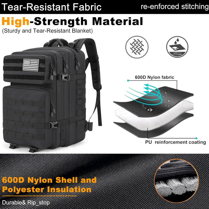 45L Large Gear Tactical Military Rucksack – Durable, Water Resistant, MOLLE Assault Pack for 3 Day Trips, Daily, for Men Women(Black)