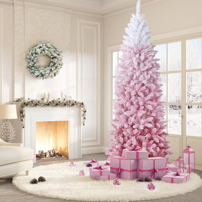GAOMON 7.5Ft Pencil Christmas Tree Artificial Slim Xmas Trees Skinny Christmas Tree Decorations Fake Flockeds, White & Blue Gradient