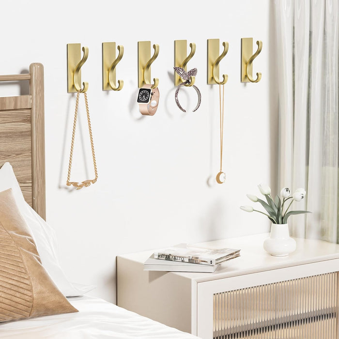 6 Pack Self Adhesive Coat Hooks - Gold Wall Hooks Wall Mount for Clothes, Towel, Robes, Keys, Purse, Backpack, Heavy Duty Hooks for Door Kitchen Bathroom Shower Rental Houses, Hold 13lbs.
