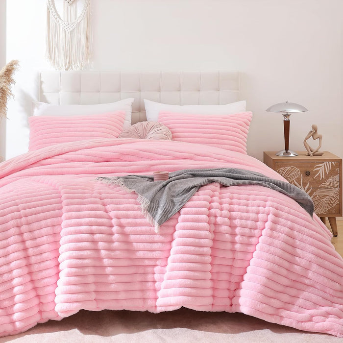 Smoofy Fluffy Queen Comforter Set 3 Pieces - Cream White Fleece Fluffy Comforter Set, Luxury Fuzzy Queen Bedding Set, Soft Warm Bed Set All Season, Heavy Faux Fur Comforter with 2 Pillow Cases