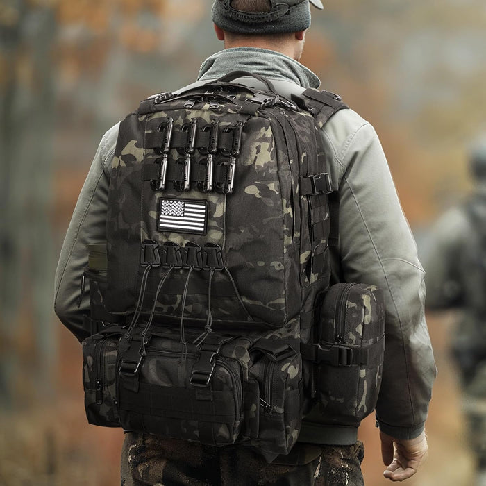 Military Tactical Backpack for Men, 60L Large Army Assault Pack, 3 Day Bug Out Bag with Removable Water Pouch for Outdoor Hiking Camping Hunting Detachable Rucksack Molle Bag, Black Camo