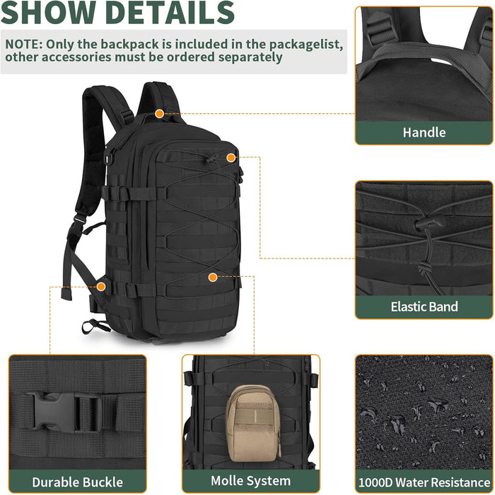 CamGo Military Tactical Backpack 25L MOLLE Hiking Daypack Trekking Rucksack Bug Out Bag for Daily Outdoor Sports(Black-25L)