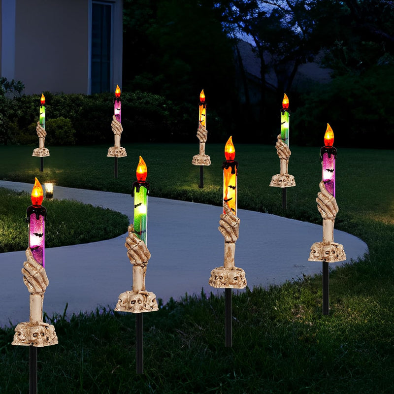Dazzle Bright Halloween Decorations, 5 Pack Lighted Battery Operated Skeleton Hands Hold Candle with Stakes, Pathway Decor for Indoor Outdoor Party Home Garden