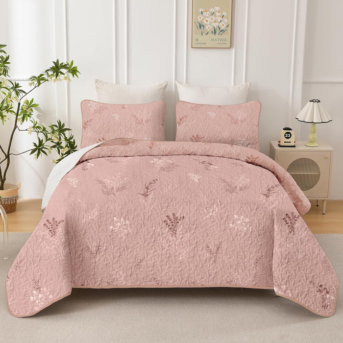 Drucon Burnt Orange Quilt Set King Size Branch Bedspread Coverlet Set, Terracotta Botanical Floral Pattern Quilted Bedding Set 3 Piece Lightweight Microfiber Bed Cover for All Season (104''x90'')