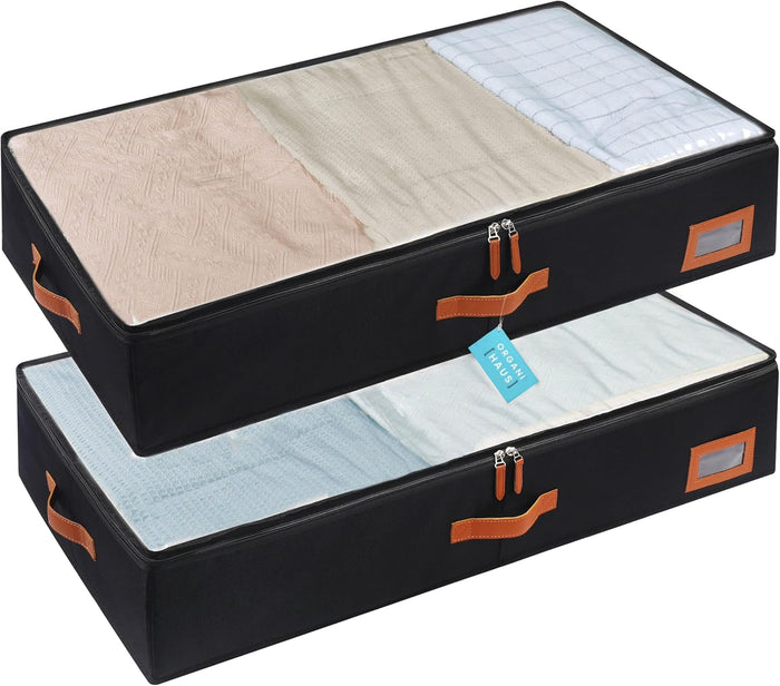 OrganiHaus Under Bed Storage Containers, Bedroom Storage and Organization Bins, Clothes Organizer for Closet with Clear Cover and Reinforced Handles - Set of 2 33x17x6 inches White Striped