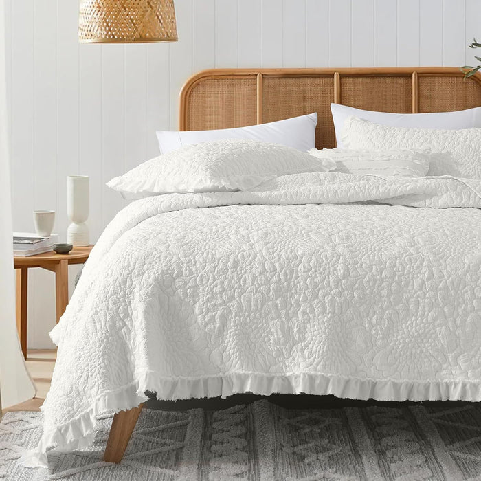 HORIMOTE HOME Pink Ruffled Quilt Queen Size, Stone-Washed Microfiber Lightweight Crinkled Farmhouse Rustic Shabby Chic Bedding Set, 3 Pieces Reversible Bedspread with Pillow Shams for All Season