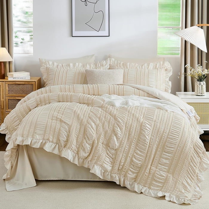 WONGS BEDDING Queen Comforter Set,Beige Cute Ruffle Comforter for Queen Bed, 7 Pieces Bed in a Bag Seersucker Shabby Chic Bedding Set 90"×90"