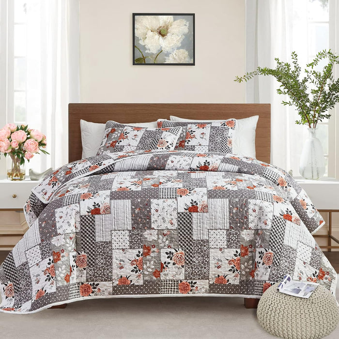Patchwork Quilt Set Full/Queen Size, 3 Pieces Green Floral Plaid Summer Bedspread Coverlet Set, Soft Microfiber Reversible Lightweight Bed Cover for All Season (90" x 90", 1 Quilt+ 2 Pillow Shams)