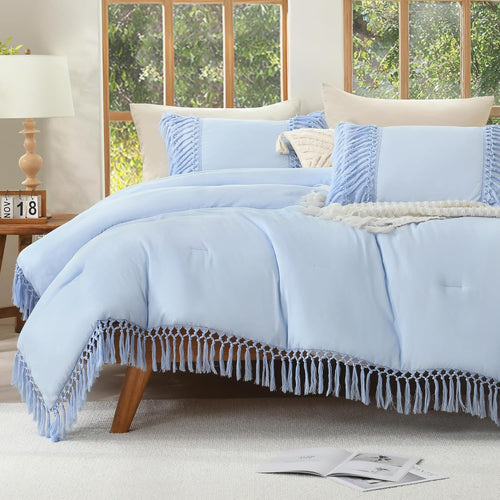 Andency Comforter Queen Size Set Beige, 3 Pieces Tassel Boho Lightweight Winter Bedding Comforters & Sets, All Season Bed Set (90x90In Comforter & 2 Pillowcases)