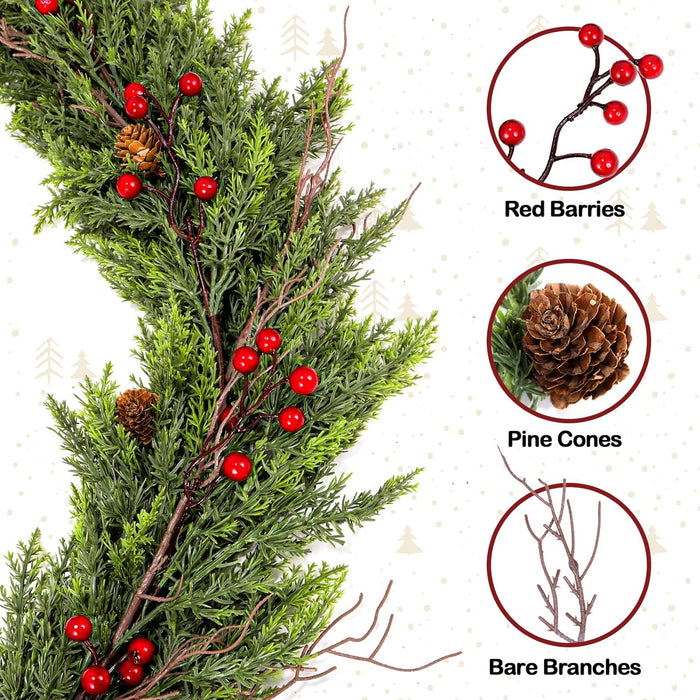 6FT Artificial Cedar Christmas Garland with Red Berries & Pine Cones – Full Faux Winter Greenery for Holiday Mantel, Staircase, Doorway, Indoor Outdoor Christmas Décor