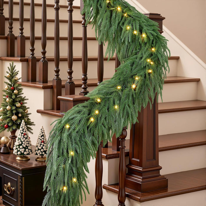9ft Artificial Christmas Garland with Lights, Real Touch Norfolk Pine Garland - Pine Garlands, Green Christmas Garland for Mantle, Table, Fireplace, Indoor, Outdoor Christmas Decorations