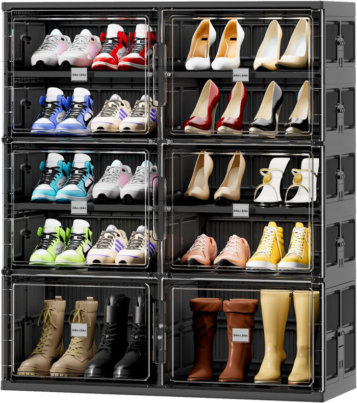 JEKO&JEKO 8 Tiers Foldable Shoe Rack Organizer Cabinet for Closet Entryway, Large Collapsible Shoe Storage Box with Magnetic Doors (Black)
