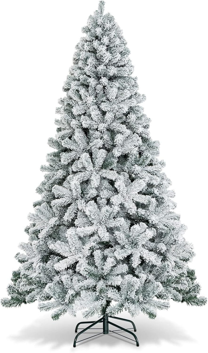 Goplus 6ft Pre-Lit Artificial Christmas Tree, Premium PVC Snow Flocked Hinged Pine Tree with Metal Stand and LED Lights, Perfect Xmas Decoration for Indoor and Outdoor