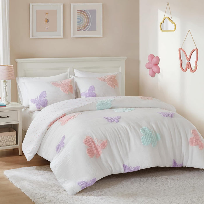 Intelligent Design Kids Full Comforter Set for Girls, Tufted Chenille Floral Comforter Set Queen, Lightweight Polka Dot Reversible Bed Set, Shams, Pillow, Gracie, Full/Queen White/Purple 4 Piece
