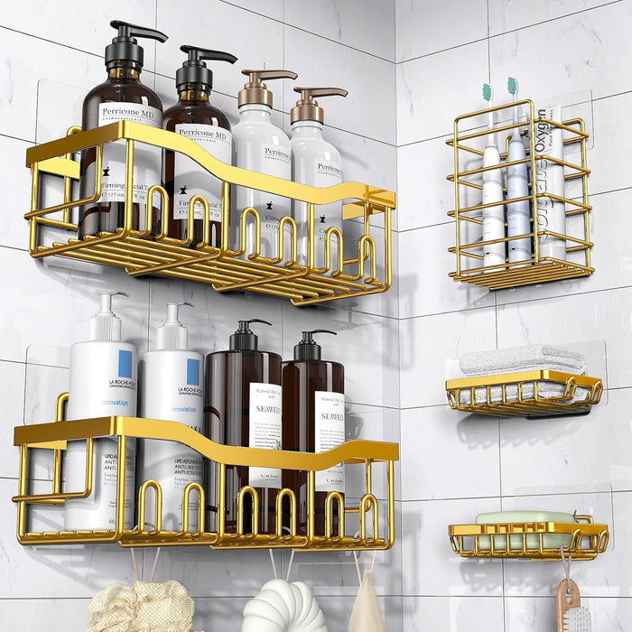 Adhesive Shower Caddy, 5 Pack Rustproof Stainless Steel Bath Organizers With Large Capacity, No Drilling Shelves for Bathroom Storage & Home Decor-XL Size