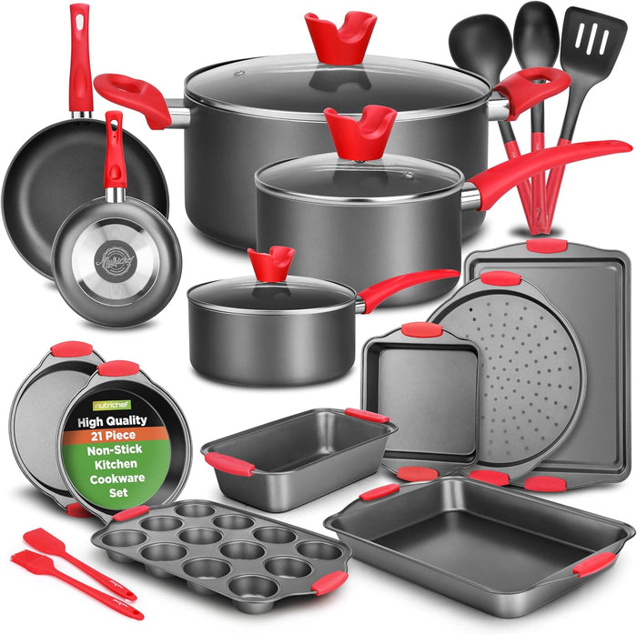 NutriChef 3-Piece Nonstick Kitchen Oven Baking Pans - Premium & Stylish Non-Stick Steel, Commercial Grade Restaurant Quality Metal Bakeware with Red Silicone Handles - Easy to Clean, NCSBS3S