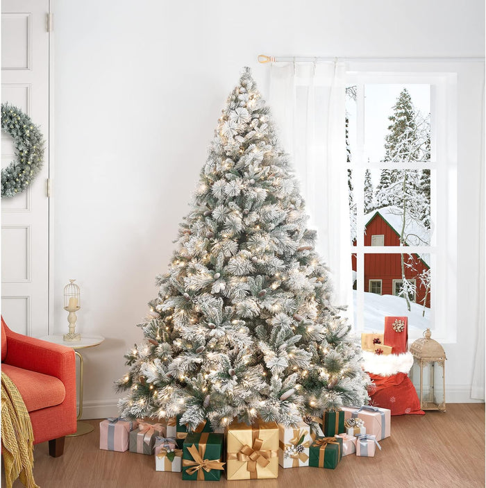 Camden 7.5ft Prelit Artificial Christmas Tree with Foot Pedal, 2755 Branch Tips, 600 Warm Lights and Metal Stand, 58" Wide Realistic Hinged Christmas Tree with Lights by Naomi Home