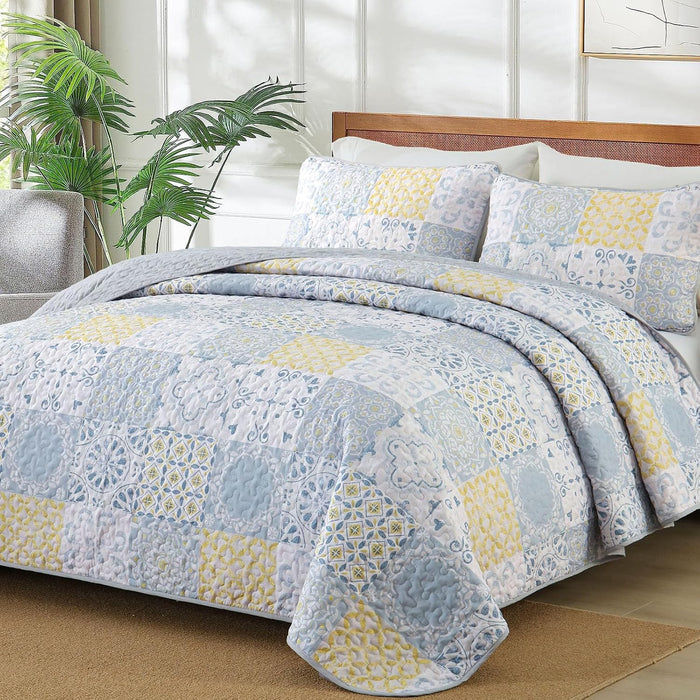 Dobuyly Grey Black Quilt Set Queen Size, Boho Plaid Patchwork Bedspreads Coverlet Set, 3 Pieces Soft Lightweight Microfiber Farmhouse Quilt Bedding Set for All Seasons 96"x90"