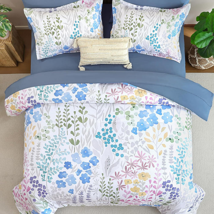 Xruibed Queen Comforter Set 7 Pieces, Blue Floral Bedding Set, Bed in a Bag Queen with Botanical Flowers Patterns, Soft Microfiber Complete Bedding Set with Sheets for All Season