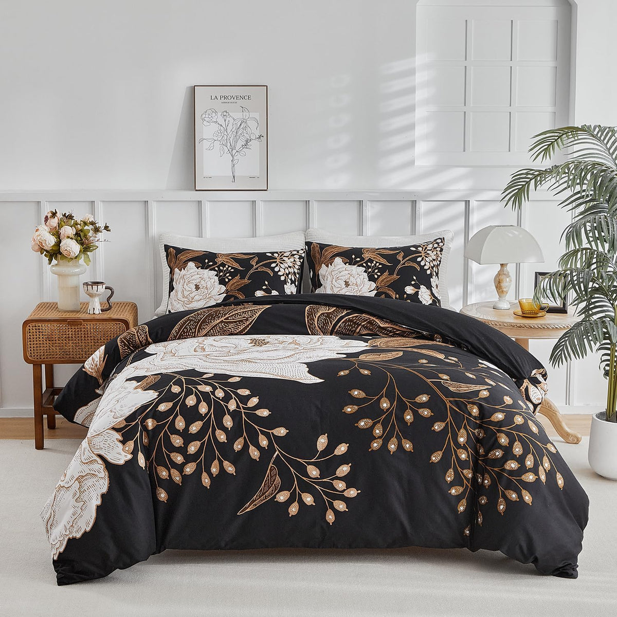 mixinni Vintage Style Garden Flower Queen Duvet Cover with Zipper Closure Soft Long Staple Percale Cotton Vibrant Pattern on Flower Bedding Quilt Cover Set(Queen, All Season)