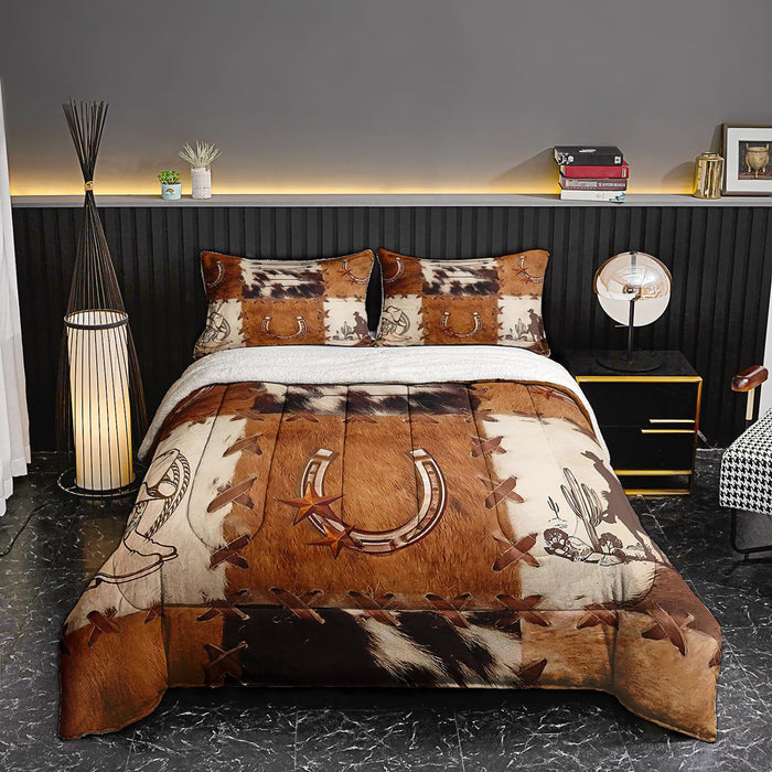 Western Comforter Set Queen Size, Brown Cow Print Faux Leather Patchwork Bedding, Cowboy Ranch Style Quilt, 3 Pcs Bedroom Decor