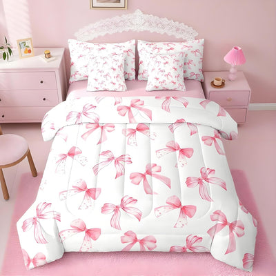 Feelyou Pink Bow Bed Set for Kids Boys Girls Full Size Cute Dreamy Princess Style 7 Pieces Beeding Set Ultra Soft Bow Pattern Bed in a Bag with Comforter, Sheets, Pillowcases Bowknot Room Decor