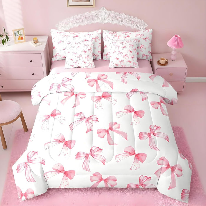 Feelyou Pink Bow Bed Set for Kids Boys Girls Full Size Cute Dreamy Princess Style 7 Pieces Beeding Set Ultra Soft Bow Pattern Bed in a Bag with Comforter, Sheets, Pillowcases Bowknot Room Decor