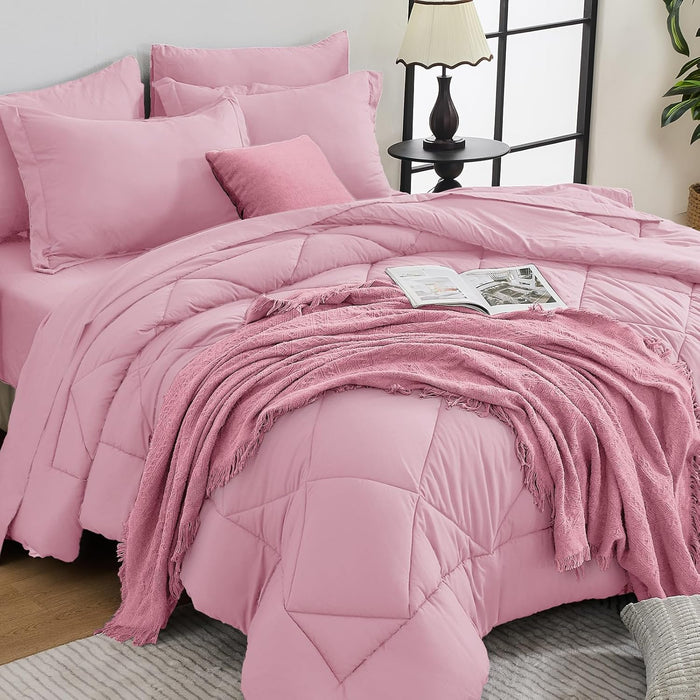 HEVUMYI Pink Queen Comforter Set - 7-Piece All Season Bed in a Bag Queen, Ultra Soft Bedding Set with Comforter, Flat Sheet, Fitted Sheet, Pillowcases, Pillow Shams, Pink