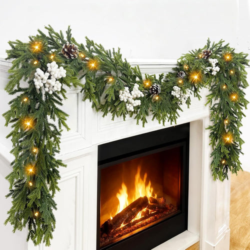 6FT Pre-lit Christmas Cedar Garland with 20 Warm White LEDs Timer Red Berries Pinecones and Soft Vine, Lighted Christmas Garland for Mantle, Table, Fireplace, Wall, Stairs, Indoor, Outdoor Xmas Decor
