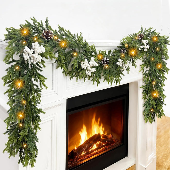 6FT Pre-lit Christmas Cedar Garland with 20 Warm White LEDs Timer Red Berries Pinecones and Soft Vine, Lighted Christmas Garland for Mantle, Table, Fireplace, Wall, Stairs, Indoor, Outdoor Xmas Decor