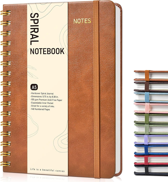 Lined Spiral Journal Notebook, A5 Hardcover Spiral Journals for Women Men, 150 Numbered Pages Spiral Bound Notebook, 100 GSM College Ruled Notebooks for Work, Note Taking 5.75" x 8.38", Olive Green